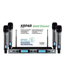 Microfone s/ Fio Karsect KRP4R Quadruplo 300 Canais UHF Recarregvel
